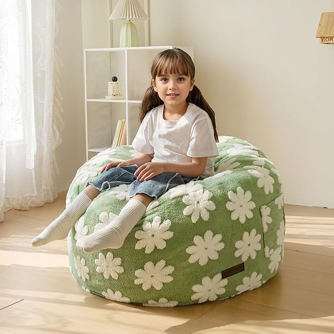 MAXYOYO Bean Bag Chair for Kids, Floral Pattern Lazy Chair with High-Density Foam Filling, Stuffed Floor Sofa Couch for Boys and Girls, Child Floor Sofa for Gaming, Reading, Green