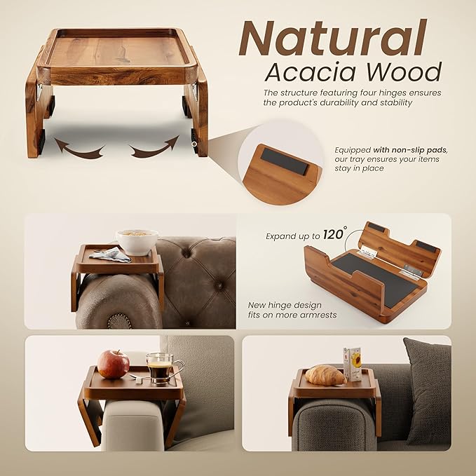 HOLANA Acacia Wood Sofa Armrest Tray - 13.75 x 9.5in Double Hinge Sofa Arm Tray Table Clip - Couch Arm Table - Wooden Side Tables for Eating and Drink (Acacia, 13.75" D x 9.5" W x 2" H)