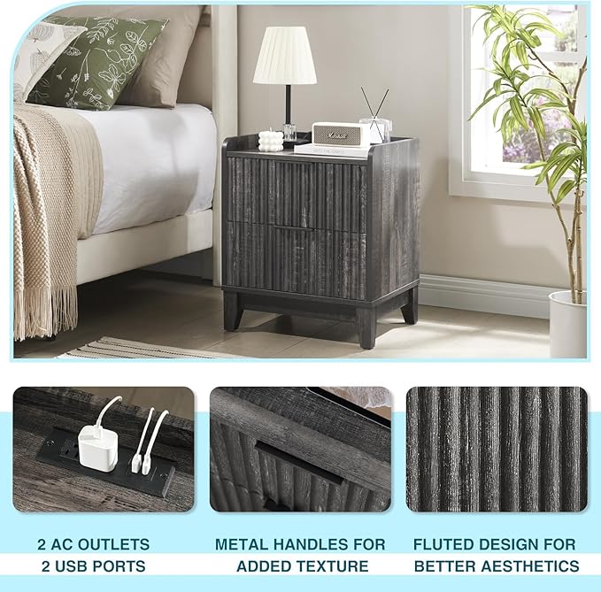 Wnutrees Fluted Nightstand with Charging Station, Modern Bedside Table with 2 Drawers, Farmhouse Wooden End Side Table Living Room, Dark