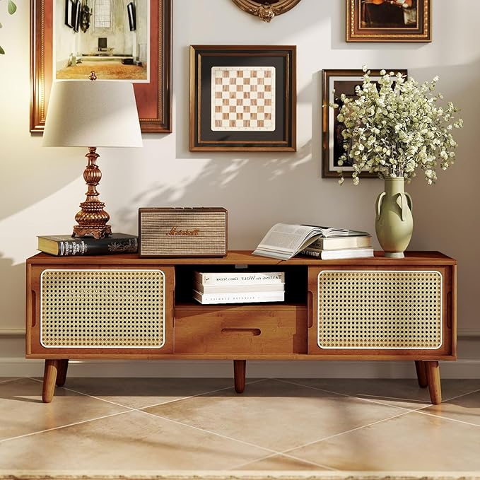 HollyHOME Bamboo TV Stand with Storage for TVs up to 65", Modern Entertainment Center with Rattan and Drawer, Accent TV Table with 2 Shelf, Media Console Cabinet for Living Room, Bedroom, Walnut