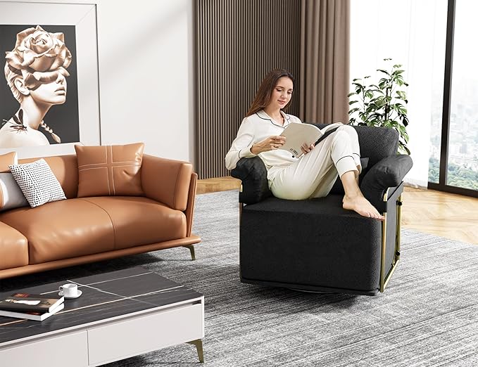 KEIKI Modern Comfy Swivel Accent Reading Chair with Waist Pillows, 360°Square Upholstered Barrel Armchair Single Club Lounge Sofa Chairs for Living Room,Bedroom,Office,Black