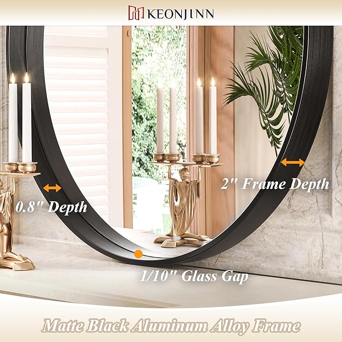 Keonjinn Black Round Mirror 24 Inch, Brushed Black Framed Circle Mirror for Bathroom, Aluminum Alloy Metal Frame, Modern Farmhouse Decorative Wall Mirror for Entryway, Living Room