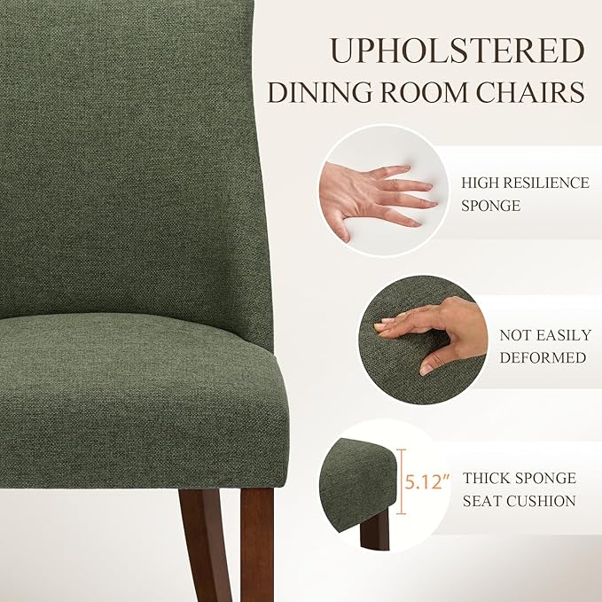 COLAMY Upholstered Dining Chairs Set of 2, Mid Century Modern Kitchen Chairs with Back, Farmhouse Fabric Side Dining Room Chairs with Wood Legs for Dining Room Restaurant, Green