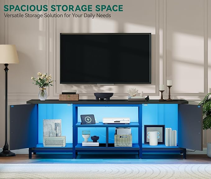YITAHOME TV Stand with LED Lights & Charging Station, Farmhouse Entertainment Center with Storage Cabinets & Shelves, Cross-Pattern Doors, Fits TVs up to 70'', TV Consoles for Living Room, Black