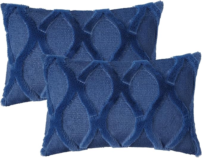 decorUhome Throw Pillow Covers 12x20 Inch Set of 2, Soft Plush Faux Fur Wool Lumbar Dark Blue Couch Pillow Covers, Decorative Neutral Pillow Cases for Bed Sofa Living Room Home Decor