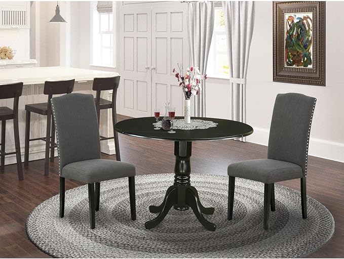 East West Furniture DLEN3-BLK-20 3 Piece Modern Dining Table Set Contains a Round Wooden Table with Dropleaf and 2 Dark Gotham Linen Fabric Upholstered Chairs, 42x42 Inch, Black