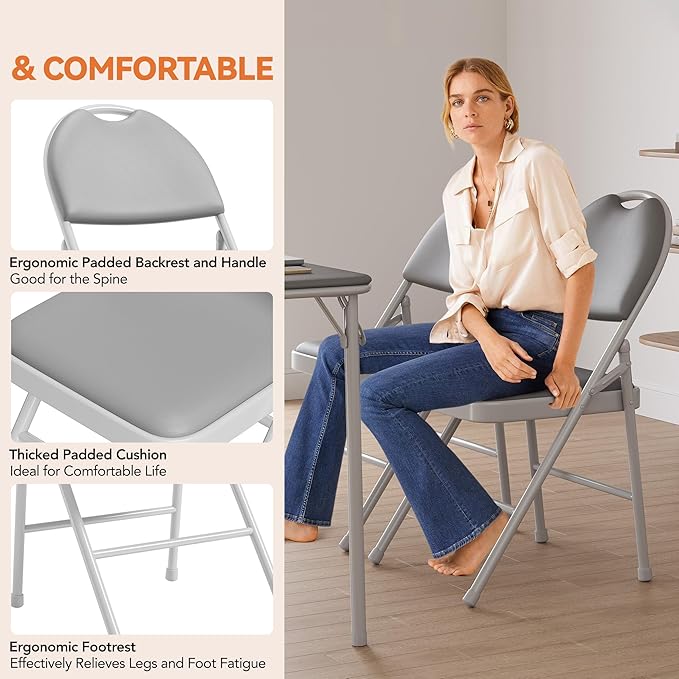 GarveeHome 4 Pack Folding Chairs with PU Leather Padded Cushion and Back, Metal Foldable Chair for Indoor Outdoor, Commercial Stackable Guest Chairs for Camping, Dining Room, Office, Party, Grey