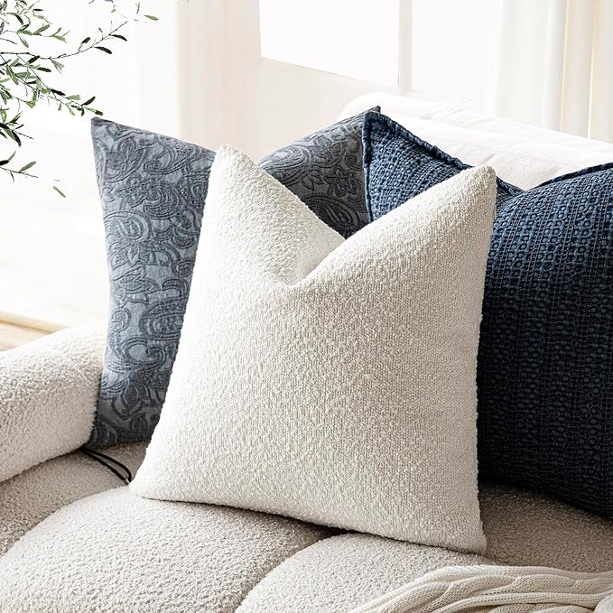 Foindtower Pack of 2, Decorative Textured Boucle Throw Pillow Covers Accent Solid Pillow Cases Cozy Soft Couch Cushion Case for Chair Sofa Bedroom Living Room Home Decor 22 x 22 Inch White
