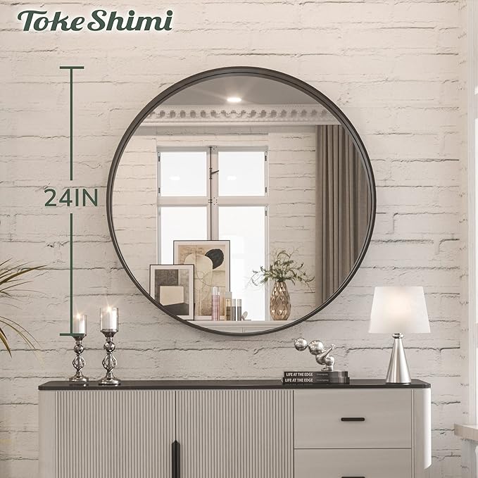 TokeShimi Round Black Mirror 24 Inch for Wall Decor Black Circle Bathroom Mirror with Non-Rusting Aluminum Alloy Brushed Matte Metal Frame for Modern Minimalist Farmhouse Home Decor