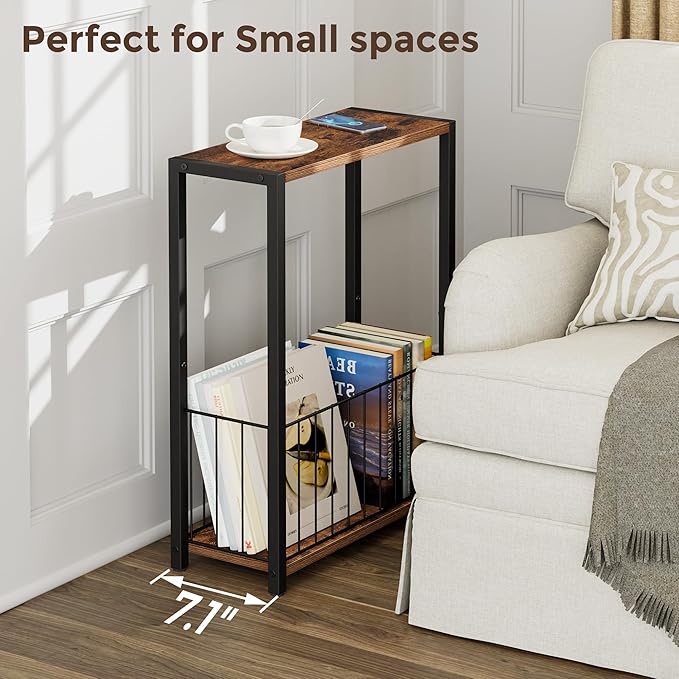 Narrow Side Table with Magazine Holder, Skinny End Table Perfect for Small Spaces, Space-Saving Design for Living Room, Bedroom, or Office, 7.1" D x 16.9" W x 23.6" H, Rustic Brown