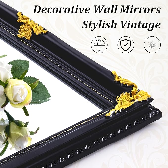 35" x 23" Large Antique Mirror, Black and Gold Modern Elegant Mirror with Victorian Wood Frame for Entryway Over Console, Bedroom, Dining Room