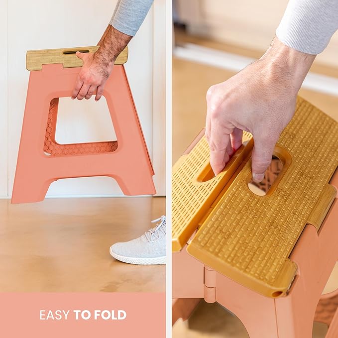 Vigar Compact Step Stool Foldable, 12-1/2-inch Step Stools for Adults up to 330 Pound, Lightweight Stool, Non-Slip Folding Step Stool, Sunrise Orange, Bamboo Print on Top