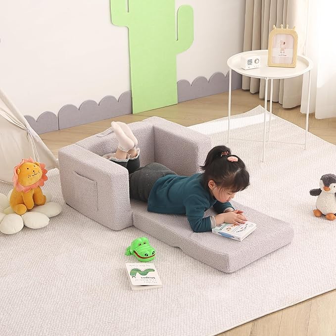 Welnow Toddler Chair, 2-in-1 Soft Sherpa Kids Sofa, Convertible Toddler Couch Lounger, Flip Out Kids Couch Chair with Side Pockets & Removable Cover for Girls and Boys, Grey