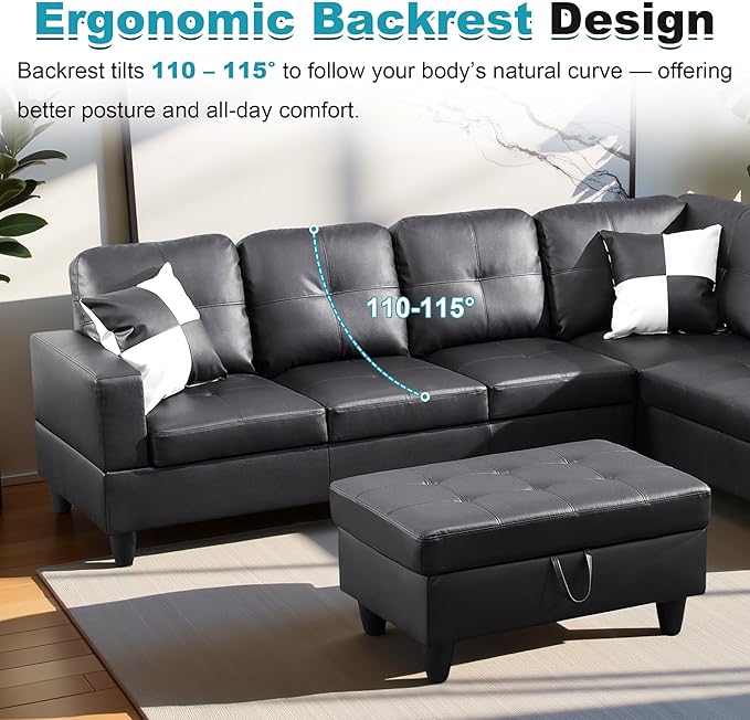 103.5" Oversized Sectional Couch, L Shaped Couch with Storage Ottoman, Modern Modular Sofa with Deep Seat, Sectional Couches for Living Room and Office, Jet Black (Faux Leather)