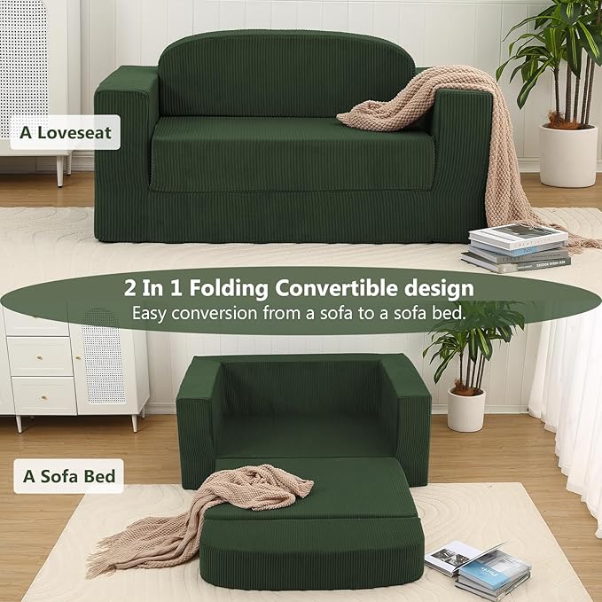 MeMoreCool Cozy Small-Space Convertible Loveseat to Guest Bed – Boneless Corduroy Floor Couch with High-Density Foam, Removable Washable Cover, No-Assembly Fold-Out Sofa