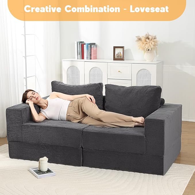 MeMoreCool Convertible Sofa Bed Foldable Boneless Couch, Folding Sleeper Chair Bed with L-Shaped Armrest, Comfy Floor Lounge Couch for Adults, Fold Out Single Sofa Chair Futon for Indoor Bedroom
