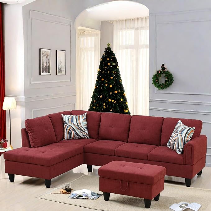 L Shaped Sectional Couch with Otttoman, 97" Sectional Sofa for Living Room Flannel Modular Couches with Cup Holders for Bedroom, Apartments, Red