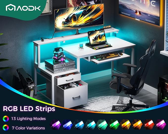 AODK Computer Desk with Drawers and Keyboard Tray, 48" Office Desk with Power Outlet and LED Lights, Reversible Study Work Desk with Printer Shelf and PC Stand for Home Office, White