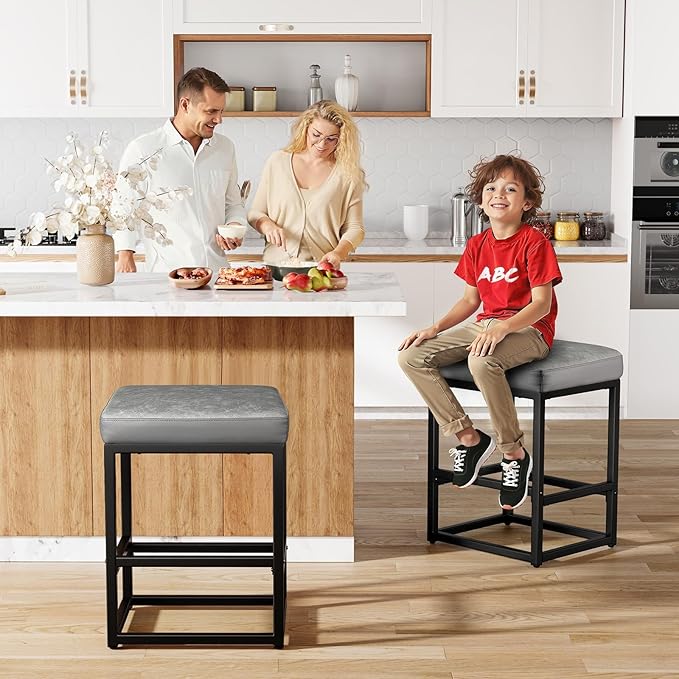 Counter Height Bar Stools Set of 2, 24" Barstools for Kitchen Countertop, Faux Leather Counter Stools with Thick Square Seats & Sturdy Metal Base, Simple Assembly, Gray