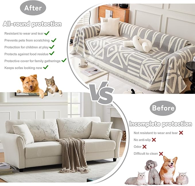 HANDONTIME Grey Sofa Cushion Covers Boho Couch Sofa Covers Dog Couch Cover for Sofa Chenille Couch Sofa Slipcover for Pets Sofa Cover Thick Washable Sectional Slip Covers for Sofas/Couches, 91" X150"