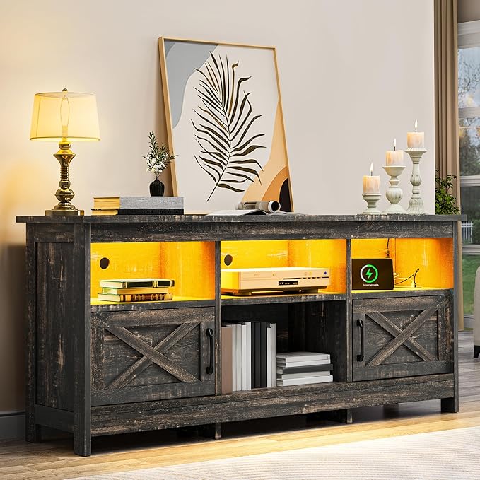 YITAHOME TV Stand for 65 Inch TVs, Entertainment Center with Storage Cabinets, Power Outlet & LED Light, Media Console Living Room Furniture, Dark Rustic Oak
