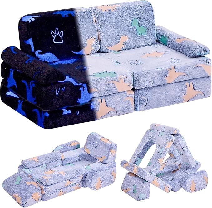 IFNOW Modular Kids Play Couch,Toddler Couch Kids Sofa,Child Sectional Sofa,Bedroom and Playroom Furniture for Toddlers,Convertible Foam and Floor Cushion for Boys and Girls,Glow in The Dark,Dinosaur