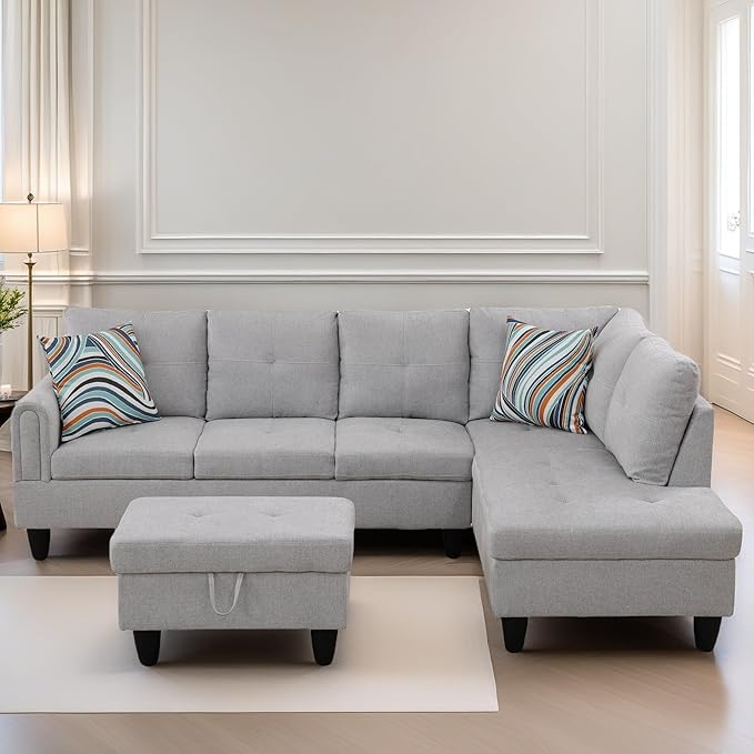 L Shaped Sectional Couches for Living Room, Modern Modular Sectional Sofa with Ottoman Storage, Comfy L Shaped Couch with Chaise for Bedroom Apartment Furniture, Gray