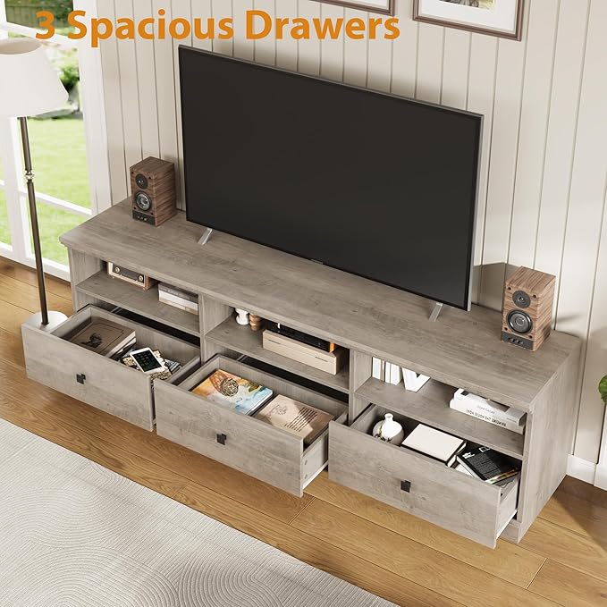 GarveeHome TV Stand for 65/70/75 Inch TV, Entertainment Center with Storage Drawer, Mid-Century Modern TV Console with Open Shelves, 70in Media TV Cabinet for Living Room, Bedroom, Gray