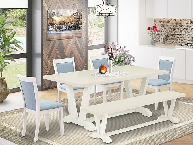 East West Furniture V027MZ015-6 6 Piece Dining Table Set Contains a Rectangle Dining Room Table and 4 Baby Blue Linen Fabric Parson Chairs with a Bench, 40x72 Inch, Multi-Color