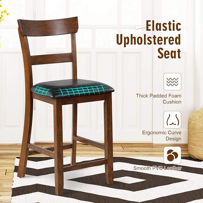 COSTWAY Barstools Set of 4, 25.5-Inch Counter Height Chair with Backrest, Foam-Padded Cushion, Rubber Wood Legs, Wooden Vintage Dining Chair for Bistro, Living Room, Kitchen, Brown and Black