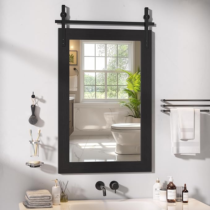 Hasipu Farmhouse Bathroom Mirror, 24"x36" Rustic Wood Framed Wall Mounted Mirror, Black Vintage Vanity Mirror Barn Door Style Decrative Mirrors