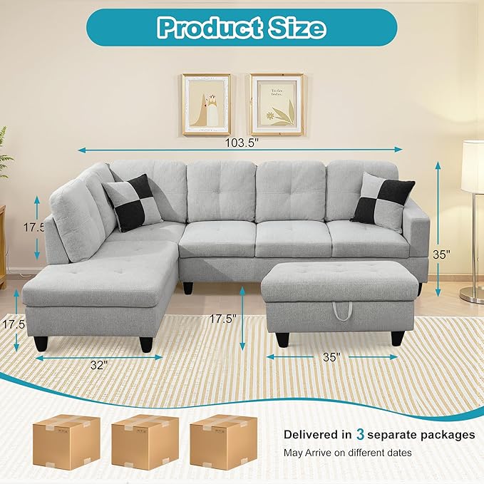 L Shaped Couch Modern Sectional Couch Upholstered Flannel Fabric 3 Pieces Sofas for Living Room with Chaise, Storage Ottoman for Office and Small Apartment, Light Grey