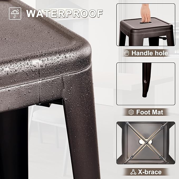 30 Inches Metal Bar Stools, High Backless Stools, Indoor Outdoor Stackable Kitchen Stools, Set of 4, Brown