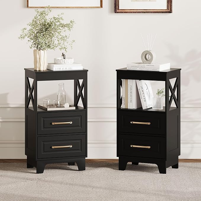 Tall Nightstand Set of 2 Side Table with 2 Drawers Modern Night Stand Wooden End Table Bedside Table with Upper Open Shelf Solid Feet for Bedroom, Living Room, Black