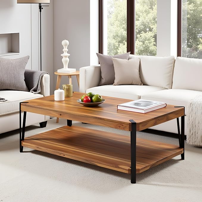 Alaterre Furniture Ryegate 48" Live Edge Wood Coffee Table â€“ Solid Acacia with Metal Frame, Industrial Modern Design, Rustic Rectangle Table with Clear Finish for Living Room or Lounge