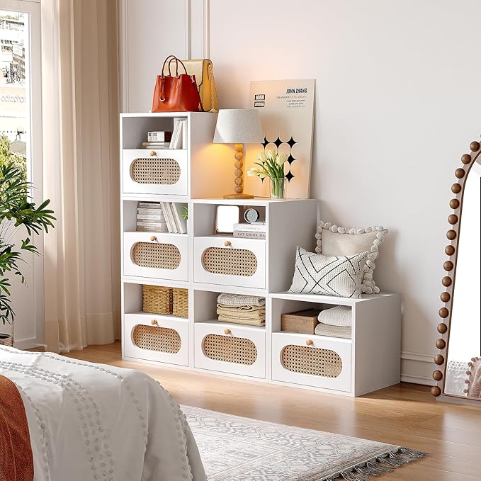 3-in-1 Modular TV Stand with Rattan Doors, DIY Media Console Boho Entertainment Center Modern TV Cabinet with Open Shelves,White