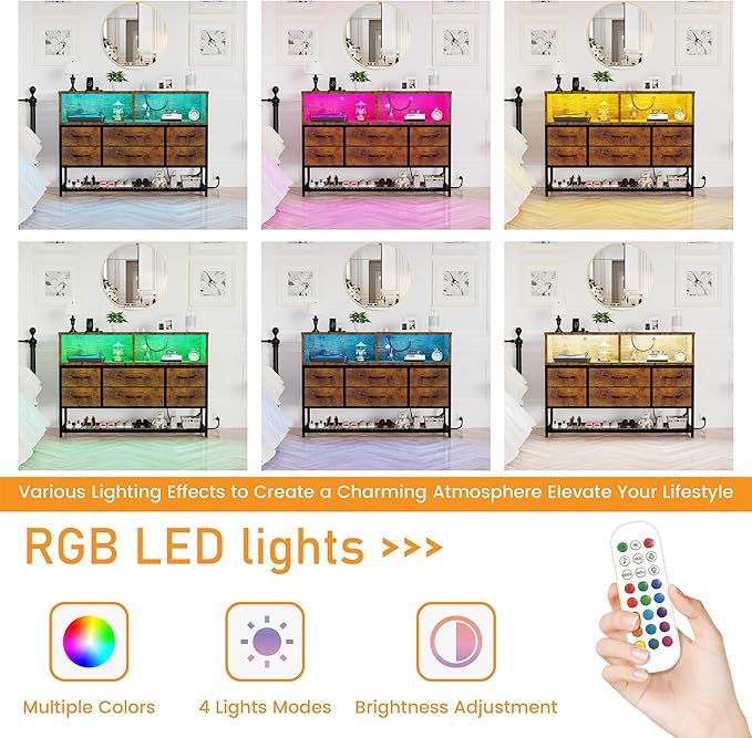 Dresser for Bedroom, 6 Drawers Led Dresser TV Stand with Power Outlets and LED Lights, Long Fabric Dressers Wide Chest of Drawers with Large Organizer Shoe Rack for Living Room, Entryway