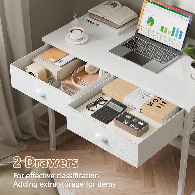 Furologee White Small Computer Desk with 2 Fabric Drawers for Bedroom,34 Inch Simple Home Office Writing Desk, Vanity Desk with Hooks, Study Table for Adults Student Small Spaces