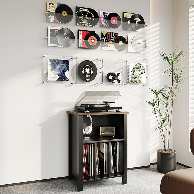 LIDYUK Record Player Stand, Vinyl Record Storage Table End Table with Display Shelf Holds up to 130 Albums, Large Nightstand Wood Turntable Stand Cabinet Side Table for Living Room, Bedroom, Black