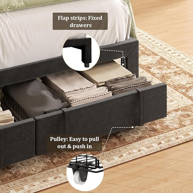 Queen Bed Frame with Storage Drawers, Upholstered Platform Bed with Headboard and Wingboard, No Box Spring Needed, Noise Free, Easy Assembly, Wooden Support Slats, Black