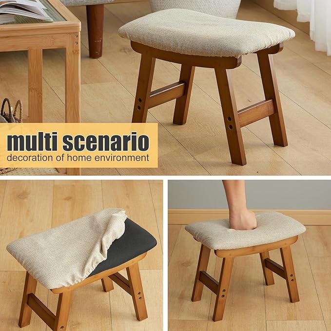 Foot Stool Ottoman Foot Rest Under Desk,Small Stool for Living Room, Bedroom and Kitchen (Brown Legs - Beige Stool Surface)