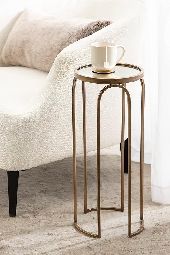 Kate and Laurel Pomeroy Vintage Decorative Drink Table; 11 x 11 x 24; Mirrored Glass and Antique Gold; Traditional Glam Pedestal Table with Arched Base and Round Tabletop
