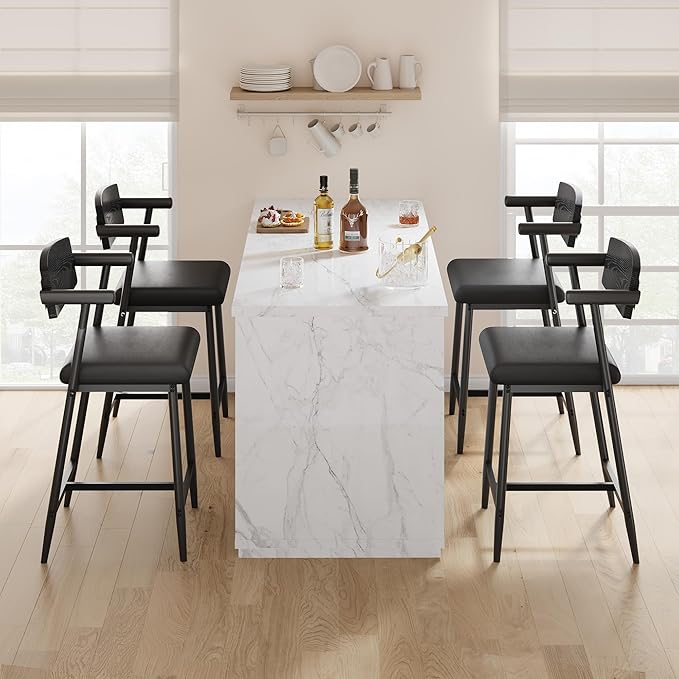 GarveeHome Counter Height Bar Stools Set of 2 with Arms, 26" Upholstered Modern Bar Stools Set with Wood Back & Footrest for Kitchen Island, Counter Bar, Wider Seat, Easy Assembly,Retro Black