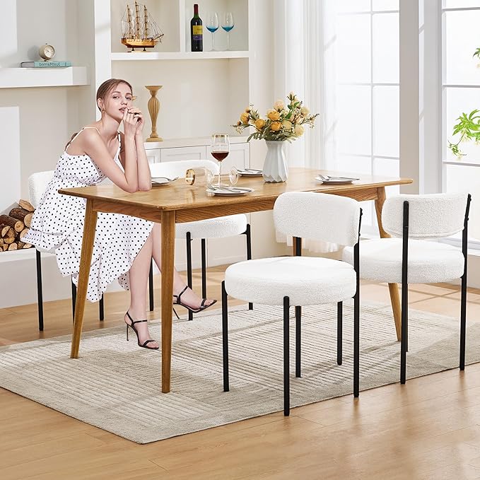 Dining Chairs Set of 2, White Boucle Dining Chair, Curved Backrest Upholstered Dining Room Chairs with Black Metal Legs, Mid Century Modern Dining Chairs for Kitchen, Living Room, White