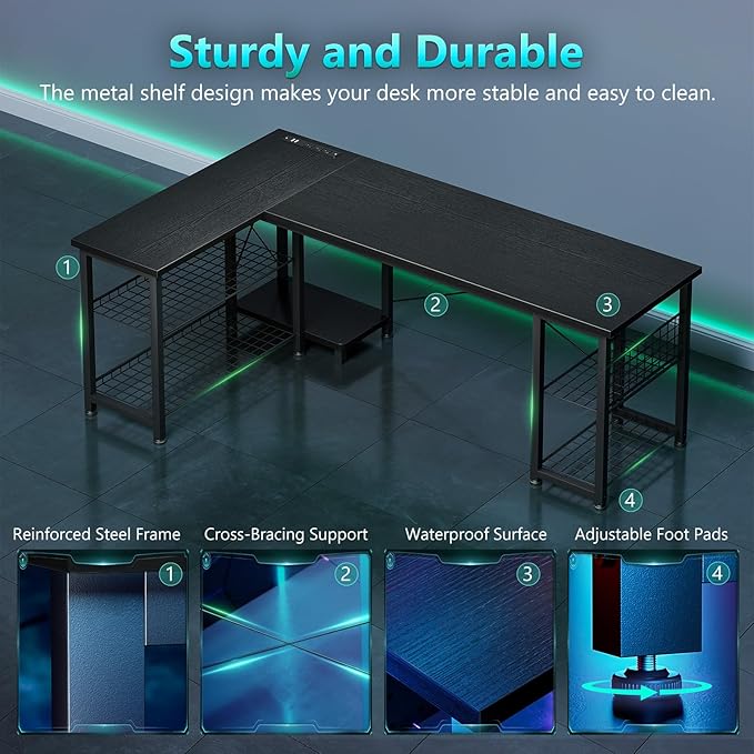 Casaottima 59 Inch L Shaped Gaming Desk with Shelves & Power Outlets, Reversible Computer Desk with Storage Shelves for Home Office, Black