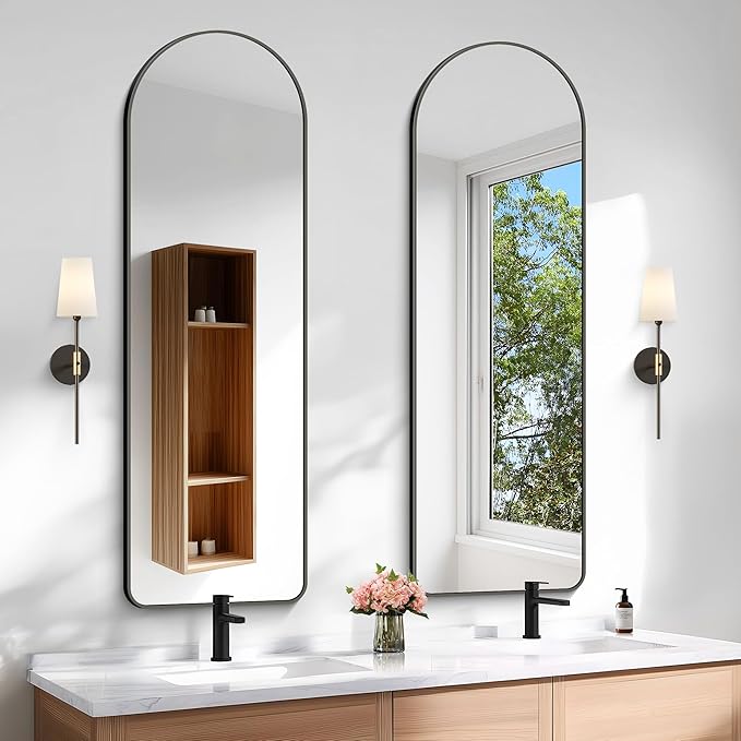 Arched Bathroom Mirror, 16"x48" Black Arched Mirror for Bathroom, Wall Mounted Mirror, Gold Vanity Wall Mirror w/Metal Frame for Bedroom, Entryway, Living Room, Vertically Hanging
