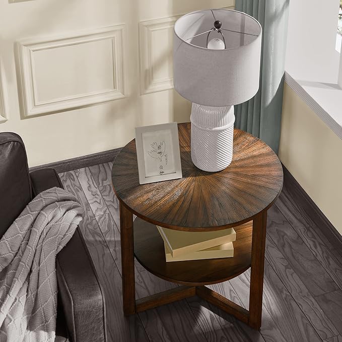 Large Round End Table with Storage Shelf, 25.2" Dia Rustic Beside Tables with Umbrella Top, Traditional Circular Sofa Side Table-,Telephone Table for Living Room Easy Assembly, Vintage Brown CJZ3338NC