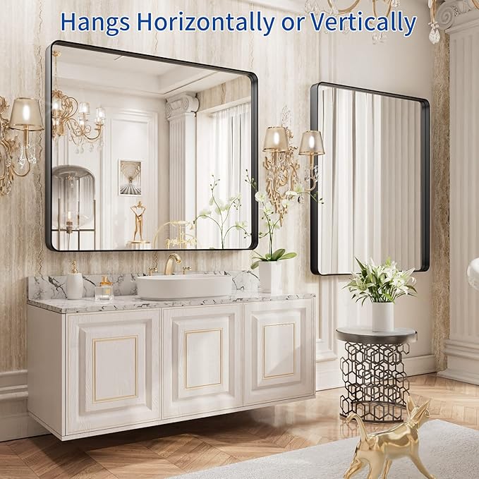 WEER Black Bathroom Mirror, 40X32 Inch Rectangular Matte Black Metal Framed for Wall, Farmhouse Bathroom Vanity Mirror with Tempered Glass, Rounded Corner, Anti-Rust (Horizontal/Vertical)