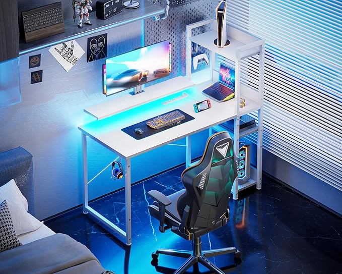 ODK Reversible Gaming Desk with USB Charging Port and LED Lights, 40 Inch Computer Desk with Storage Shelves & Monitor Stand, Writing Study Table for Home Office, Small Space Bedroom, White