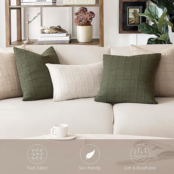 Foindtower Set of 2 Decorative Linen Check Throw Pillow Covers Neutral Farmhouse Vintage Cushion Covers Modern Boho Home Decor For Sofa Chair Couch Bedroom Living Room Outdoor,22×22 Inch,Natural Linen